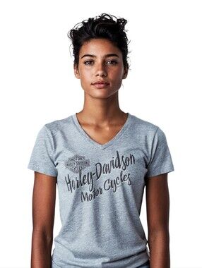 Harley-Davidson Y2K Graphic Short Sleeve Vneck Tee Size Small Grey